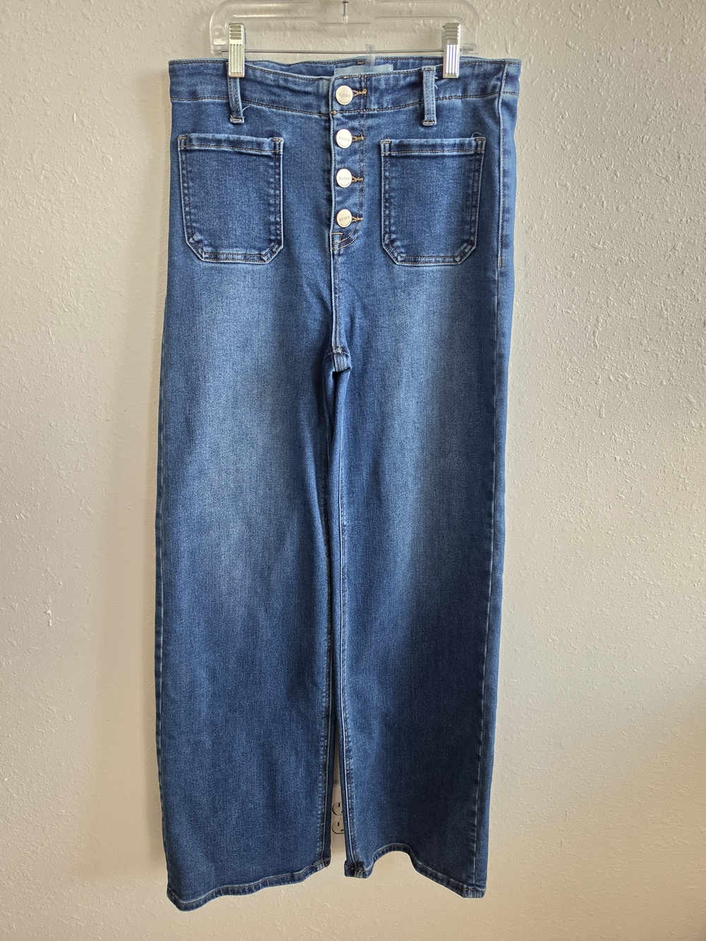 Risen High Rise Wide Leg Jeans 7/28 Button Fly Patch Pockets